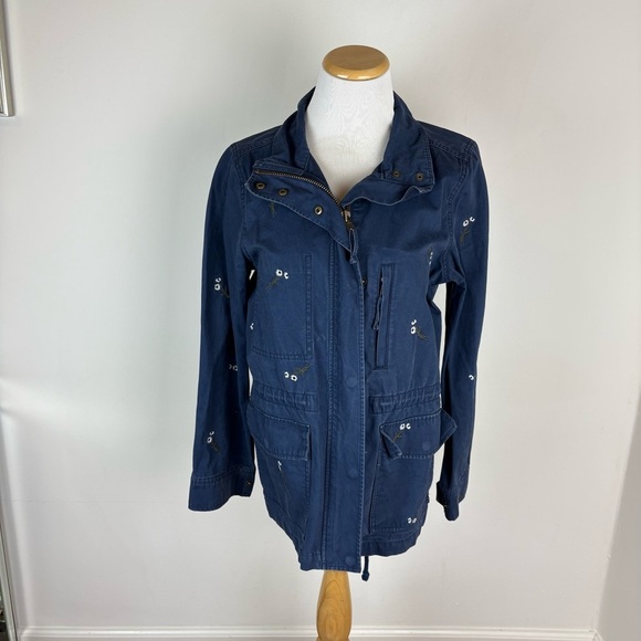 Madewell Floral Embroidered Cargo Military Jacket Navy Blue Size M 100% Cotton - Picture 2 of 6